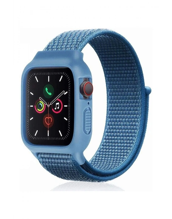 Newface Apple Watch 38mm Hasırlı Cırtcırtlı Kasalı Kordon - Mavi