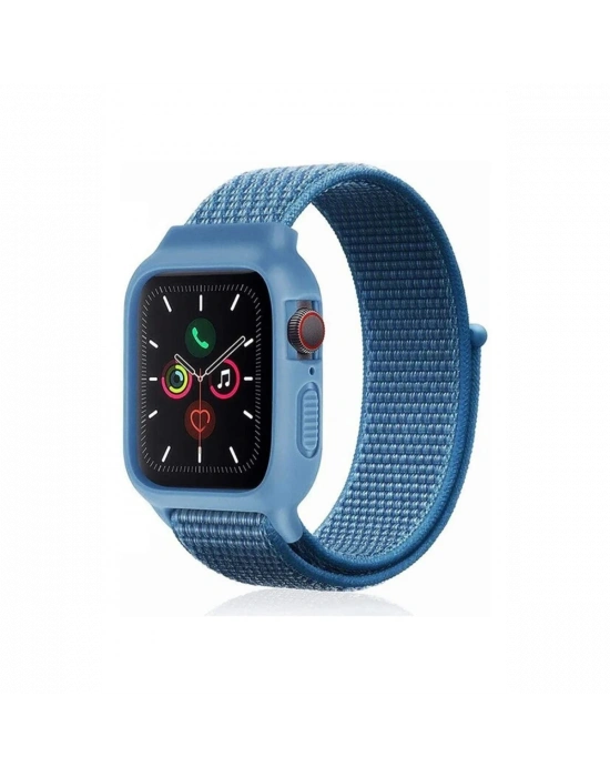 Newface Apple Watch 38mm Hasırlı Cırtcırtlı Kasalı Kordon - Mavi