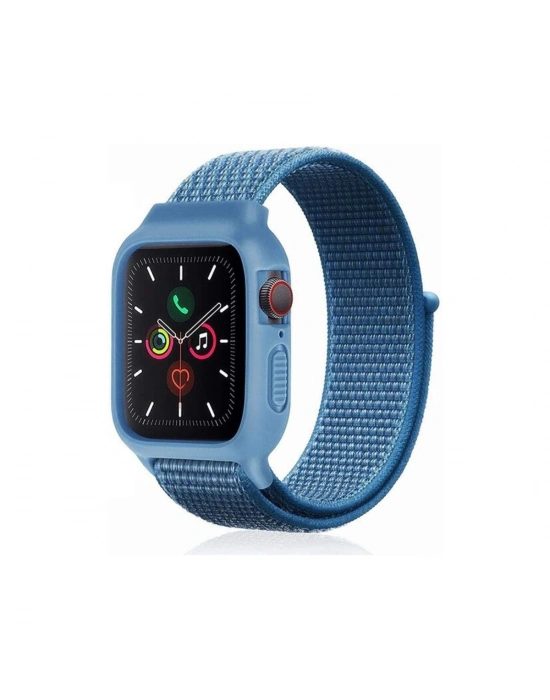 Newface Apple Watch 38mm Hasırlı Cırtcırtlı Kasalı Kordon - Mavi