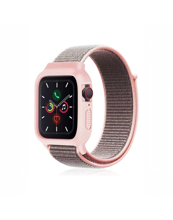 Newface Apple Watch 38mm Hasırlı Cırtcırtlı Kasalı Kordon - Pembe