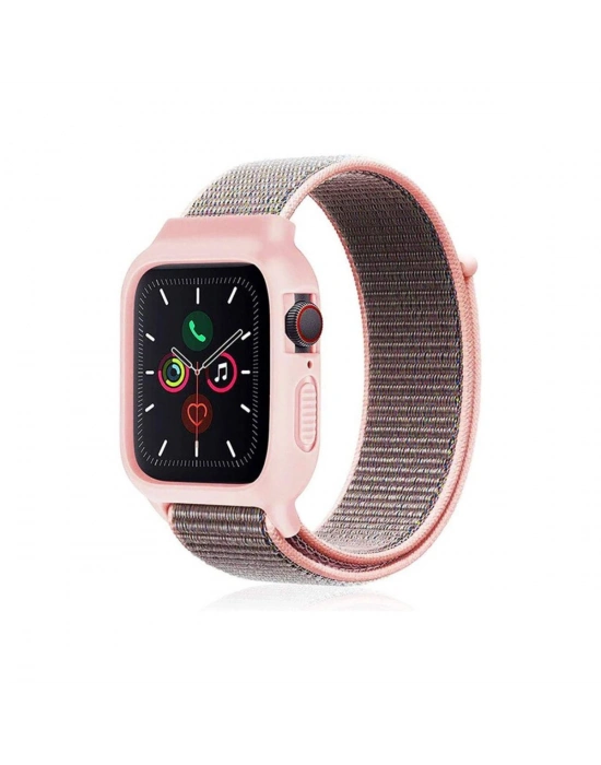 Newface Apple Watch 38mm Hasırlı Cırtcırtlı Kasalı Kordon - Pembe