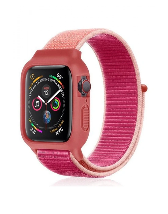 Newface Apple Watch 38mm Hasırlı Cırtcırtlı Kasalı Kordon - Pudra