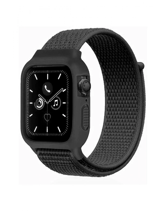 Newface Apple Watch 38mm Hasırlı Cırtcırtlı Kasalı Kordon - Siyah