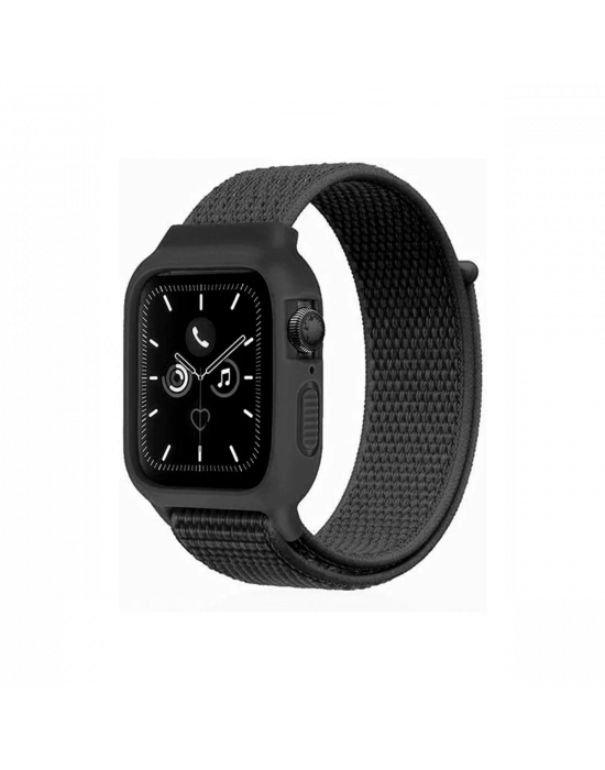 Newface Apple Watch 38mm Hasırlı Cırtcırtlı Kasalı Kordon - Siyah