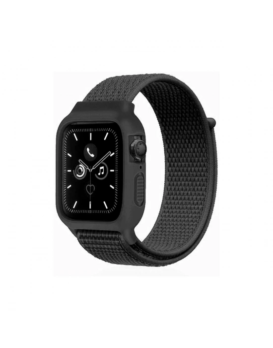 Newface Apple Watch 38mm Hasırlı Cırtcırtlı Kasalı Kordon - Siyah