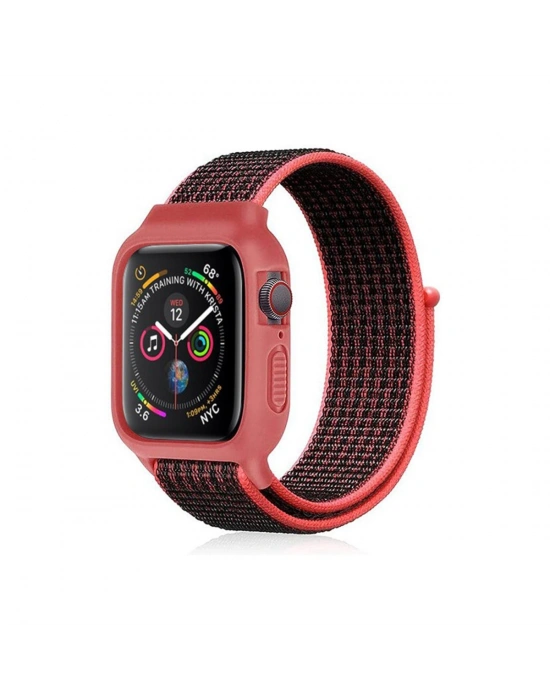 Newface Apple Watch 38mm Hasırlı Cırtcırtlı Kasalı Kordon - Siyah-Pembe