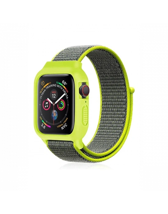 Newface Apple Watch 38mm Hasırlı Cırtcırtlı Kasalı Kordon - Yeşil
