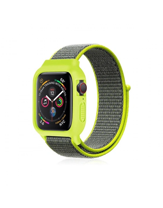 Newface Apple Watch 38mm Hasırlı Cırtcırtlı Kasalı Kordon - Yeşil