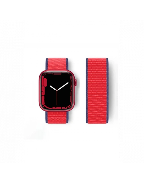 Newface Apple Watch 38mm Hasırlı Cırtcırtlı Kordon - Lacivert-Kırmızı