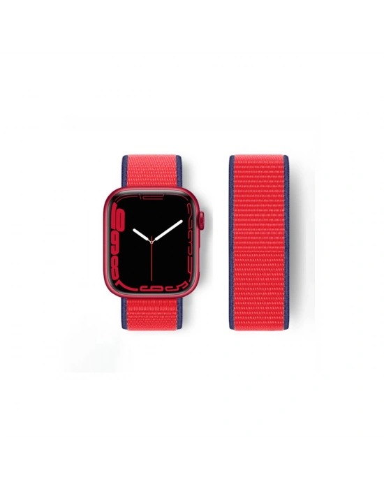 Newface Apple Watch 38mm Hasırlı Cırtcırtlı Kordon - Lacivert-Kırmızı
