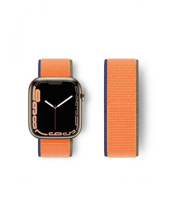 Newface Apple Watch 38mm Hasırlı Cırtcırtlı Kordon - Lacivert-Turuncu