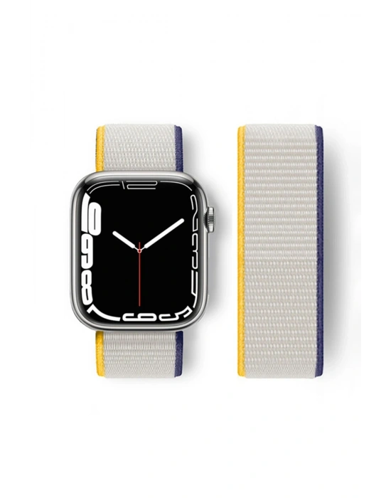 Newface Apple Watch 38mm Hasırlı Cırtcırtlı Kordon - Sarı-Beyaz