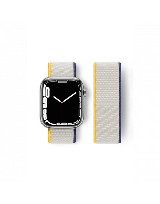 Newface Apple Watch 38mm Hasırlı Cırtcırtlı Kordon - Sarı-Beyaz
