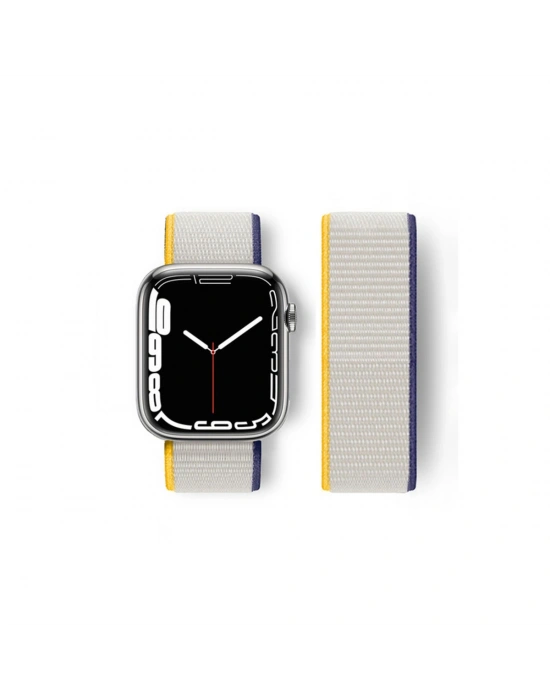 Newface Apple Watch 38mm Hasırlı Cırtcırtlı Kordon - Sarı-Beyaz