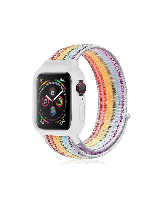 Newface Apple Watch 42mm Hasırlı Cırtcırtlı Kasalı Kordon - Gökkuşağı 2