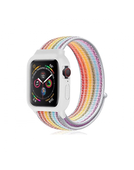 Newface Apple Watch 42mm Hasırlı Cırtcırtlı Kasalı Kordon - Gökkuşağı 2