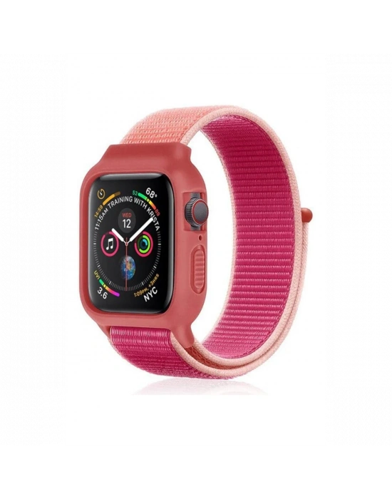 Newface Apple Watch 42mm Hasırlı Cırtcırtlı Kasalı Kordon - Pudra