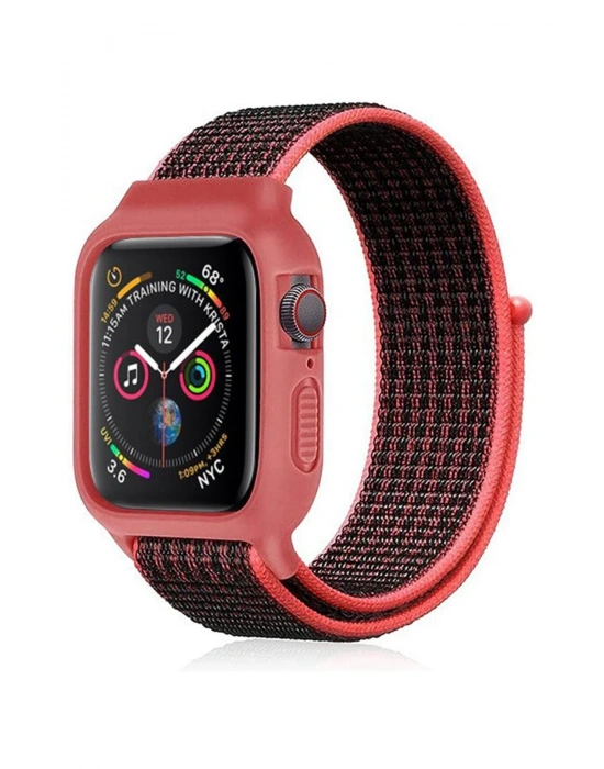 Newface Apple Watch 42mm Hasırlı Cırtcırtlı Kasalı Kordon - Siyah-Pembe