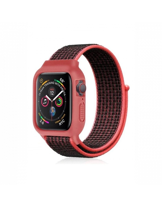 Newface Apple Watch 42mm Hasırlı Cırtcırtlı Kasalı Kordon - Siyah-Pembe