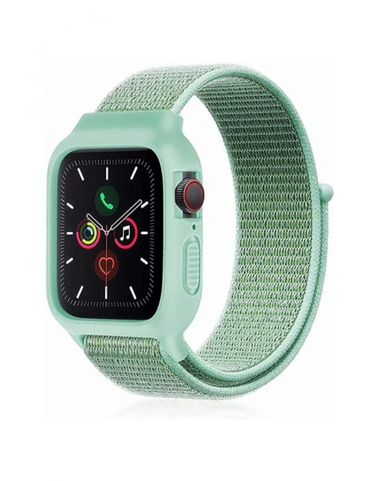Newface Apple Watch 42mm Hasırlı Cırtcırtlı Kasalı Kordon - Turkuaz
