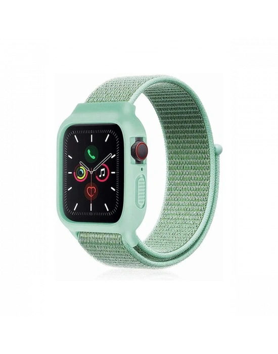 Newface Apple Watch 42mm Hasırlı Cırtcırtlı Kasalı Kordon - Turkuaz