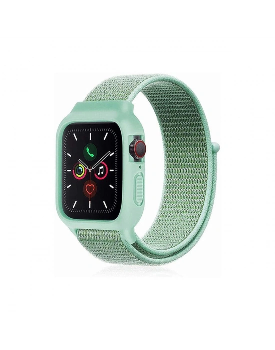 Newface Apple Watch 42mm Hasırlı Cırtcırtlı Kasalı Kordon - Turkuaz