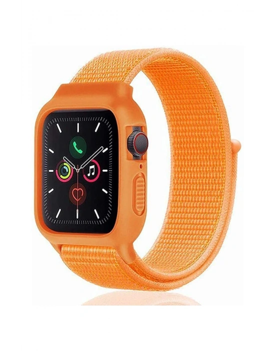 Newface Apple Watch 42mm Hasırlı Cırtcırtlı Kasalı Kordon - Turuncu