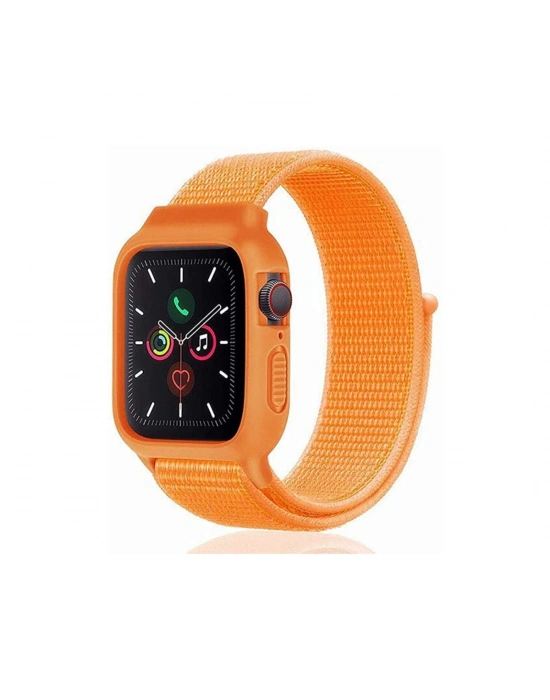 Newface Apple Watch 42mm Hasırlı Cırtcırtlı Kasalı Kordon - Turuncu