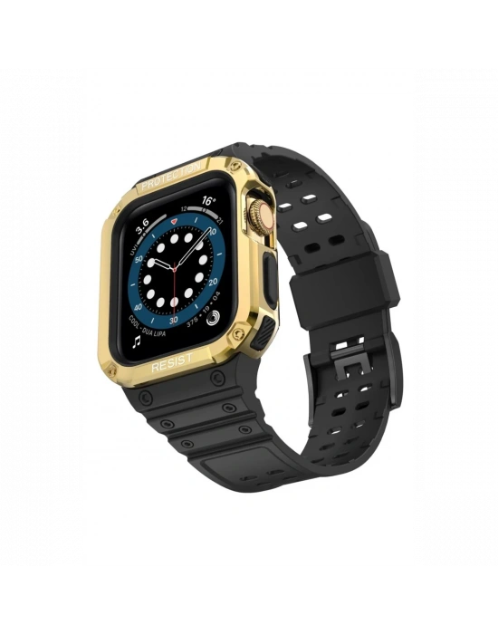 Newface Apple Watch 42mm KR401 Silikon Kordon - Siyah-Gold