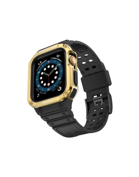 Newface Apple Watch 42mm KR401 Silikon Kordon - Siyah-Gold