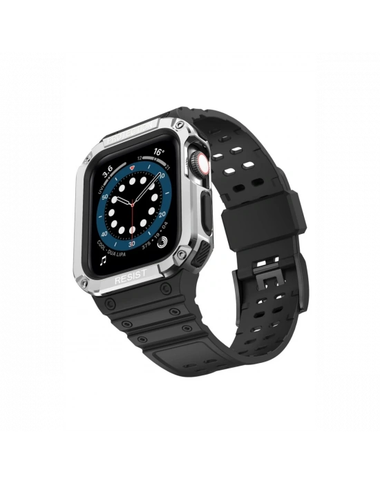 Newface Apple Watch 42mm KR401 Silikon Kordon - Siyah-Gümüş