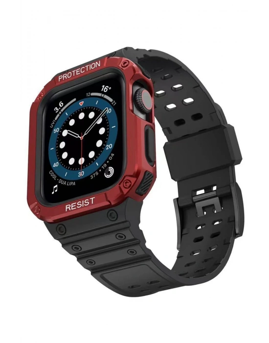 Newface Apple Watch 42mm KR401 Silikon Kordon - Siyah-Kırmızı
