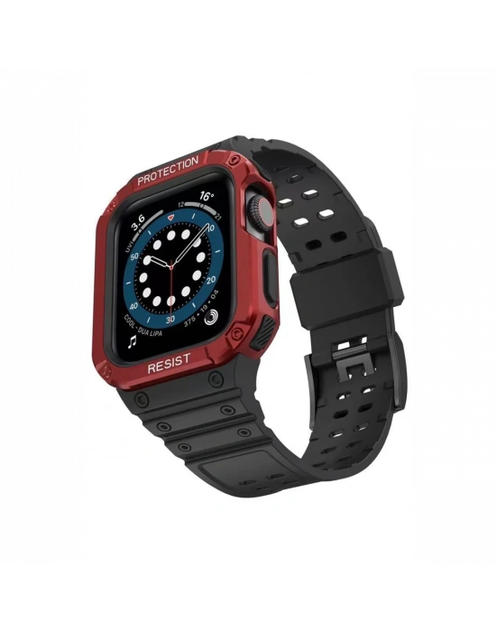 Newface Apple Watch 42mm KR401 Silikon Kordon - Siyah-Kırmızı