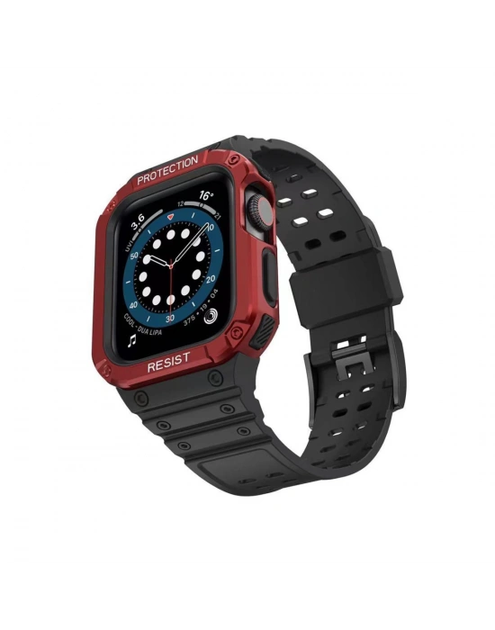 Newface Apple Watch 42mm KR401 Silikon Kordon - Siyah-Kırmızı