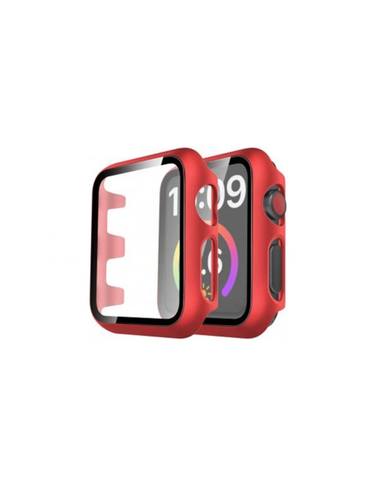 Newface Apple Watch 44mm Camlı Kasa Ekran Koruyucu - Kırmızı