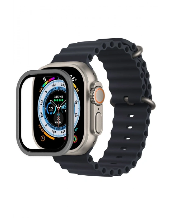 Newface Apple Watch Ultra 49mm Alüminyum Kasa Cam Ekran Koruyucu - Gri