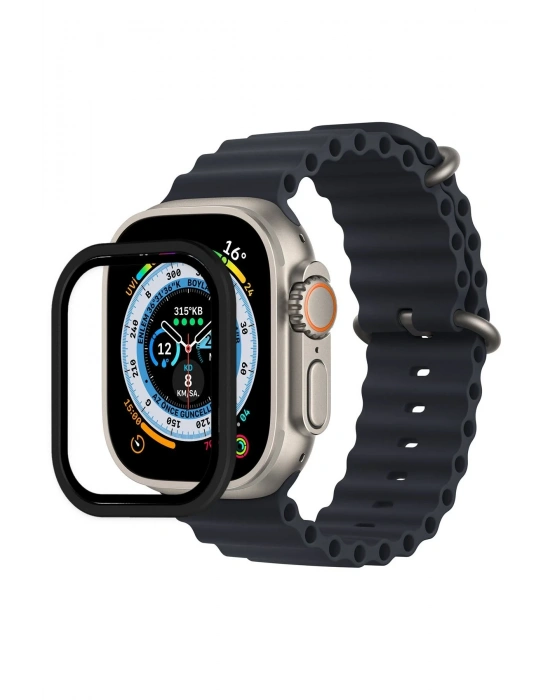 Newface Apple Watch Ultra 49mm Alüminyum Kasa Cam Ekran Koruyucu - Siyah