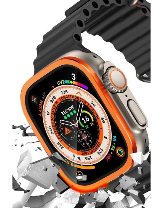 Newface Apple Watch Ultra 49mm Alüminyum Kasa Cam Ekran Koruyucu - Turuncu