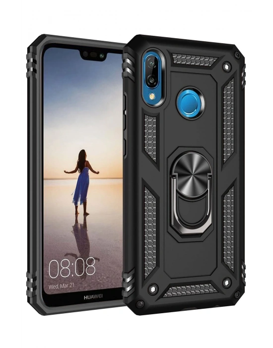 Newface Huawei P20 Lite Kılıf Sofya Yüzüklü Silikon Kapak - Siyah