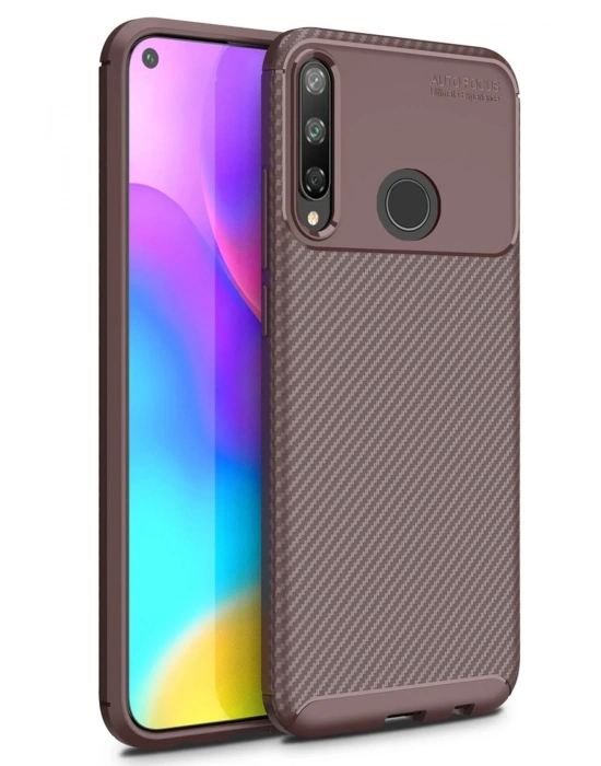 Newface Huawei P40 Lite E Kılıf Auto Focus Karbon Kapak - Kahverengi