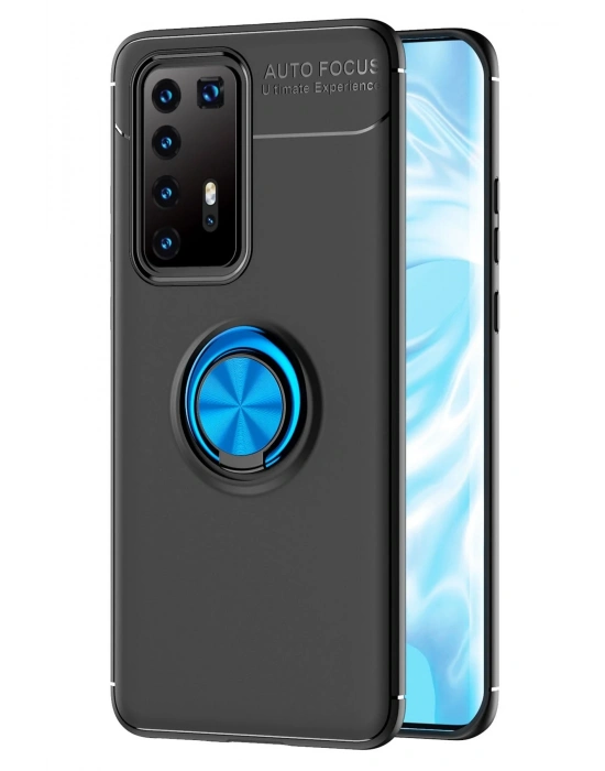 Newface Huawei P40 Pro Kılıf Range Yüzüklü Silikon - Siyah-Mavi