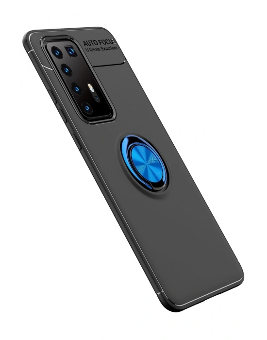 Newface Huawei P40 Pro Kılıf Range Yüzüklü Silikon - Siyah-Mavi