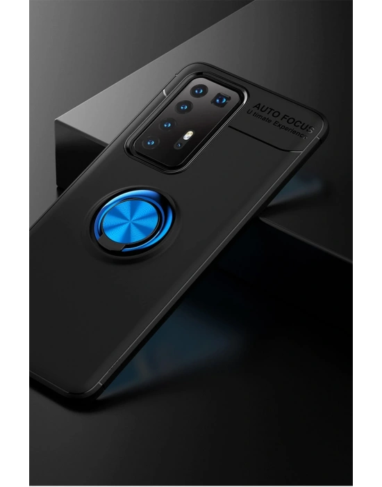 Newface Huawei P40 Pro Kılıf Range Yüzüklü Silikon - Siyah-Mavi