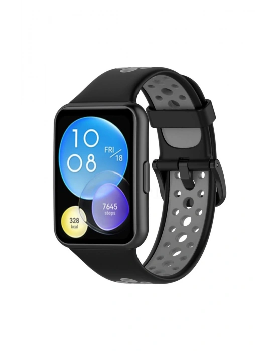 Newface Huawei Watch Fit 2 Spor Delikli Kordon - Siyah-Gri