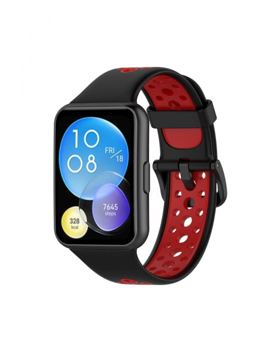 Newface Huawei Watch Fit 2 Spor Delikli Kordon - Siyah-Kırmızı
