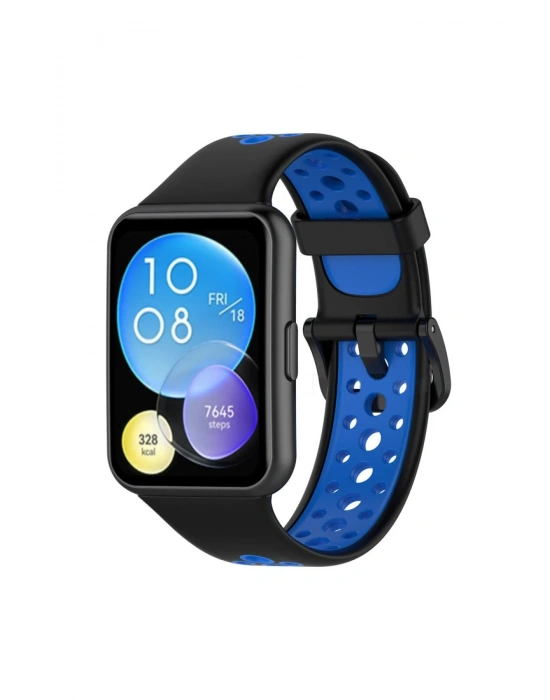 Newface Huawei Watch Fit 2 Spor Delikli Kordon - Siyah-Mavi