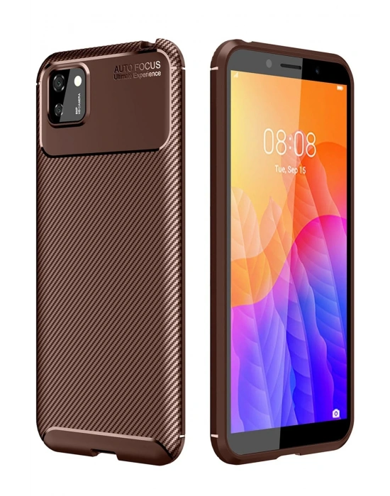 Newface Huawei Y5P Kılıf Auto Focus Karbon Kapak - Kahverengi