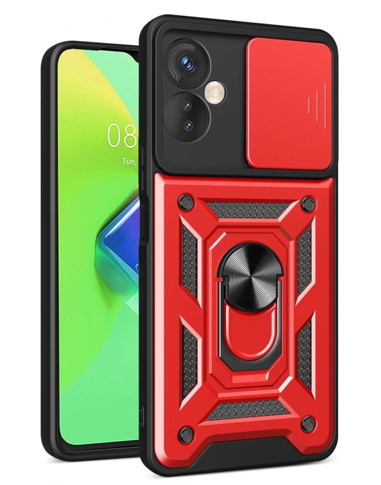 Newface İnfinix Hot 30 4G Kılıf Pars Lens Yüzüklü Silikon - Kırmızı