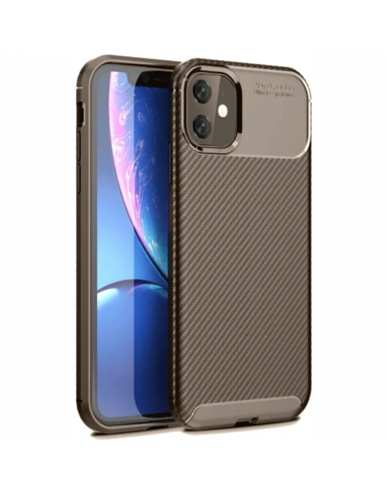 Newface iPhone 11 Kılıf Auto Focus Karbon Kapak - Kahverengi
