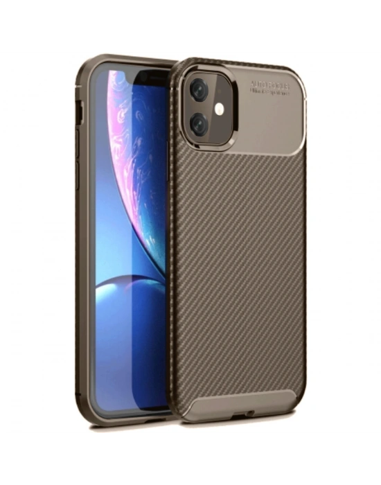 Newface iPhone 11 Kılıf Auto Focus Karbon Kapak - Kahverengi